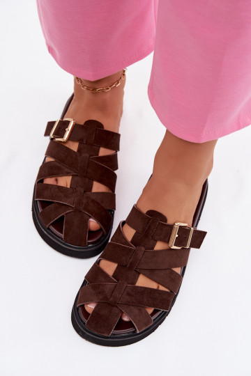Chanclas de mujer con tiras y hebillas doradas color chocolate Roselisse