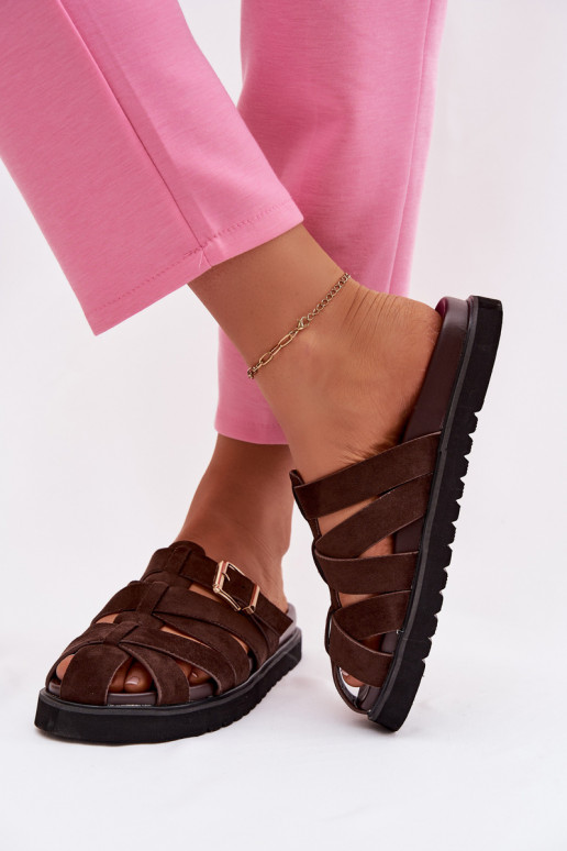 zapatillas de mujer con rayas I Złotą con hebillas CzekoladoAe Roselisse