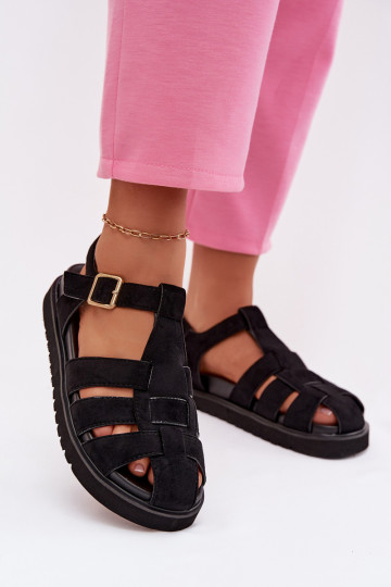 Sandalias romanas de mujer con hebillas doradas y plataforma color negro Terelina