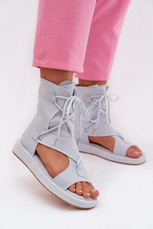 Sandalias de mujer de gamuza ecológicaoAe con una bota I ENiązaniem azul claro Ferlisse