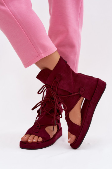 Sandalias de mujer de ante sintético con botín y cordones color burdeos Ferlisse