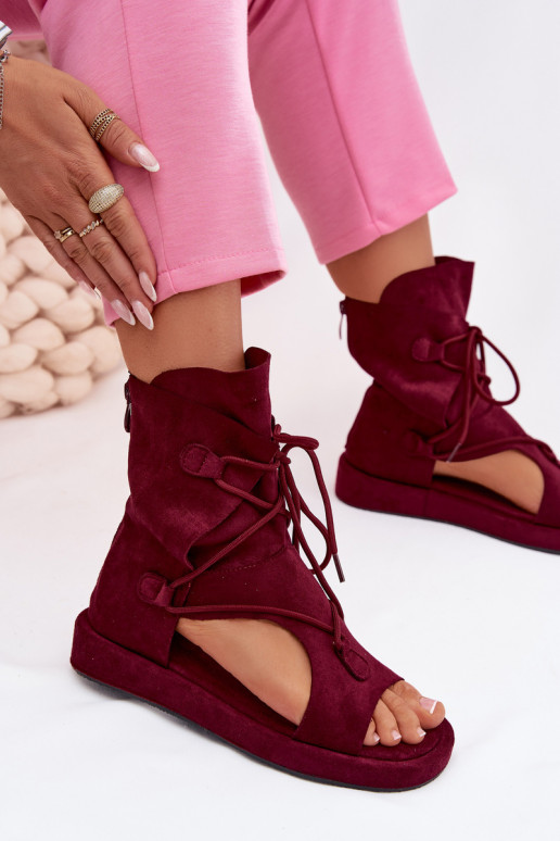 Sandalias de mujer de gamuza ecológicaoAe con una bota I ENiązaniem borgoña Ferlisse