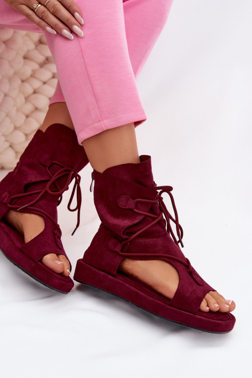 Sandalias de mujer de gamuza ecológicaoAe con una bota I ENiązaniem borgoña Ferlisse