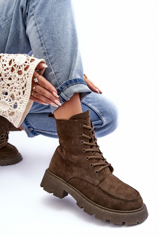 Zapatos de gamuza zapatos calentamiento con tacones anchos de color caqui Zikey