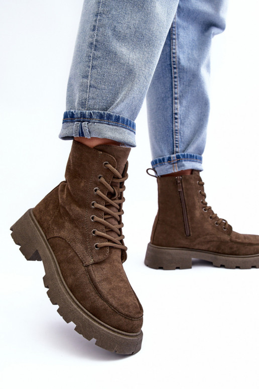 Zapatos de gamuza zapatos calentamiento con tacones anchos de color caqui Zikey