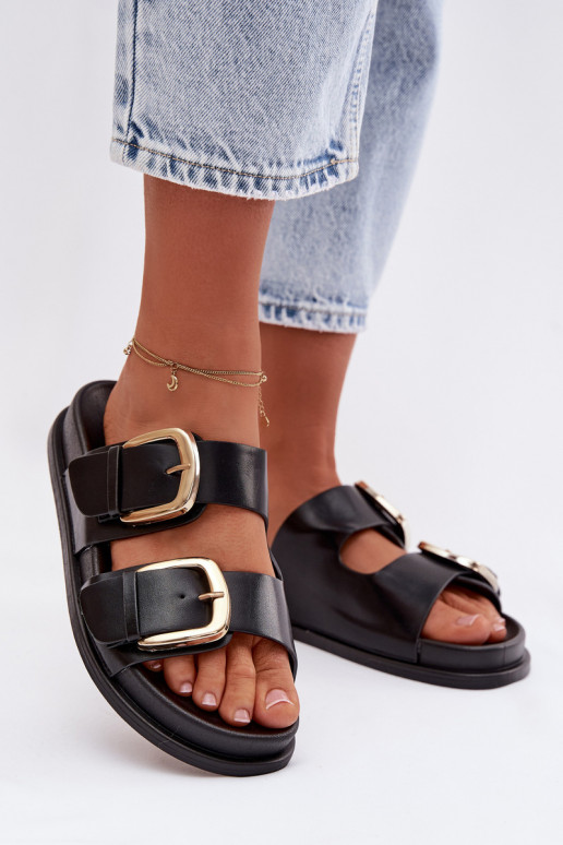 zapatillas de mujer Eko Piel Ze color doradomi con hebillasmi de color negro Tervessa