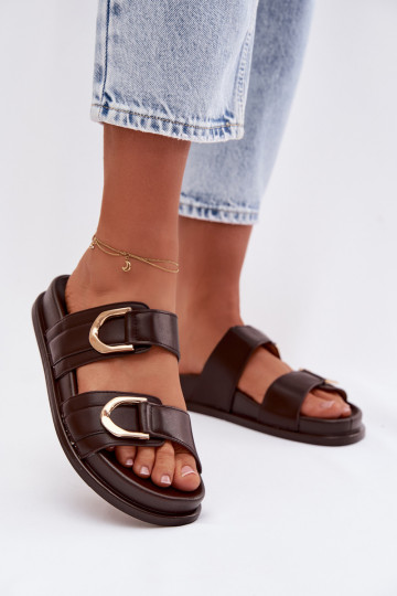 Chanclas femeninas de piel sintética con tiras color chocolate "Rosinessa" 2