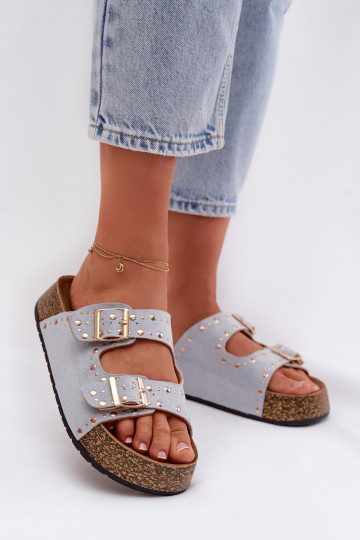 Zapatos de casa dorados para mujer con hebillas y tachuelas de color azul claro Tervina 2