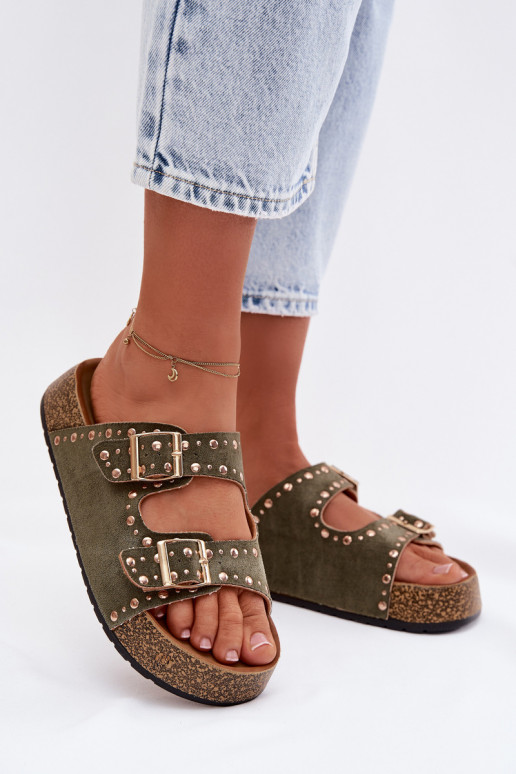 zapatillas de mujer Ze color doradomi con hebillasmi y sementales de color caqui Tervina