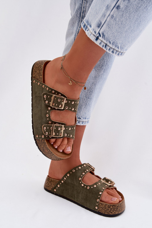 zapatillas de mujer Ze color doradomi con hebillasmi y sementales de color caqui Tervina