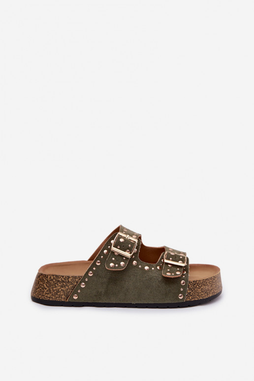 zapatillas de mujer Ze color doradomi con hebillasmi y sementales de color caqui Tervina