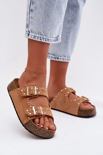 zapatillas de mujer Ze color doradomi con hebillasmi y sementales color marrón Tervina