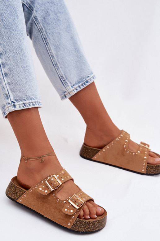 zapatillas de mujer Ze color doradomi con hebillasmi y sementales color marrón Tervina