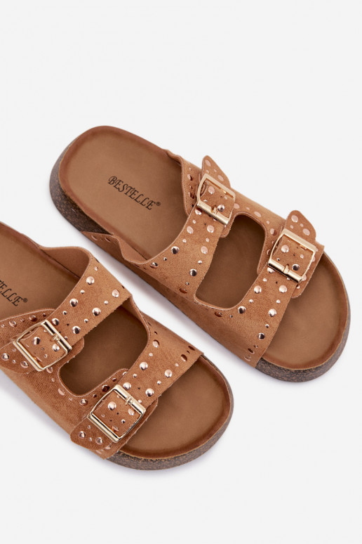 zapatillas de mujer Ze color doradomi con hebillasmi y sementales color marrón Tervina