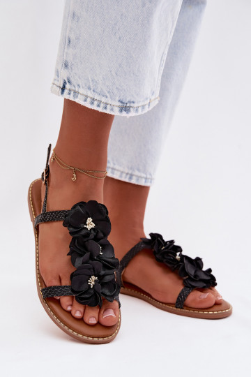 Sandalias planas para mujer con bonitos motivos florales de color negro Noemia 2
