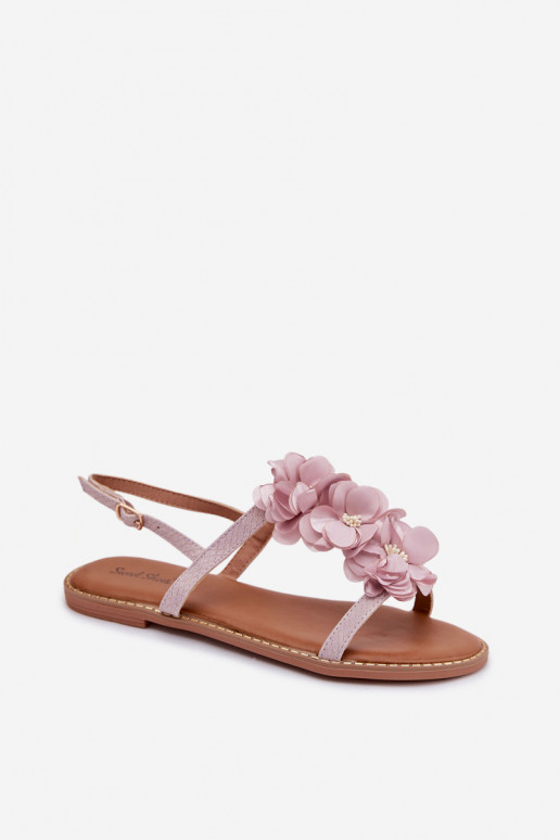 Sandalias planas para mujer. Con decoracionesi con motivos floraleskami color violeta Noemia