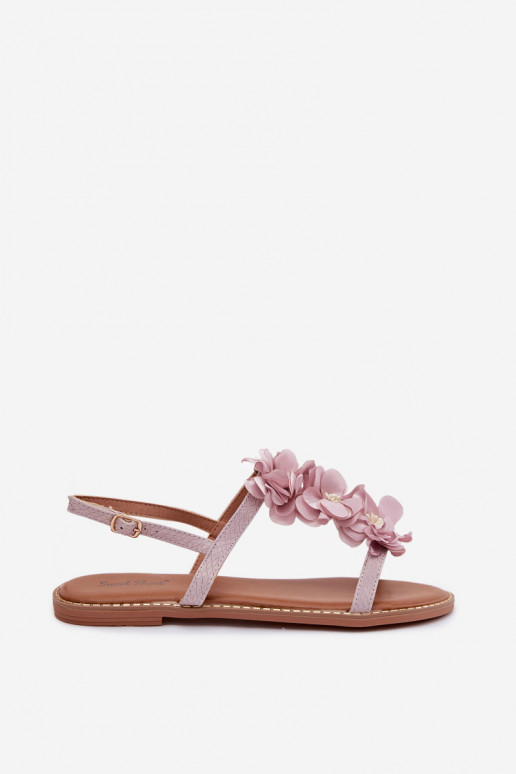 Sandalias planas para mujer. Con decoracionesi con motivos floraleskami color violeta Noemia