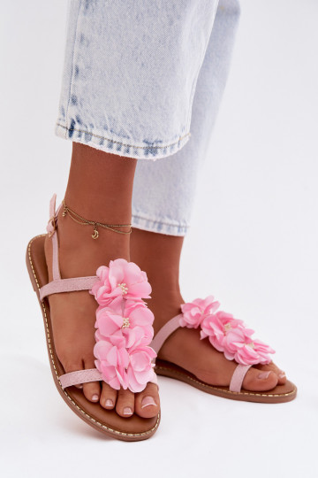 Sandalias planas para mujer. Con decoracionesi con motivos floraleskami color rosa Noemia 2