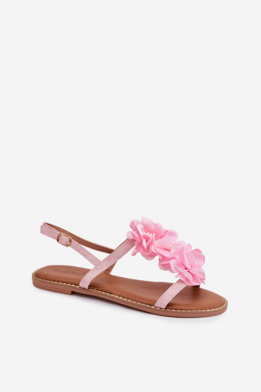 Sandalias planas para mujer. Con decoracionesi con motivos floraleskami color rosa Noemia