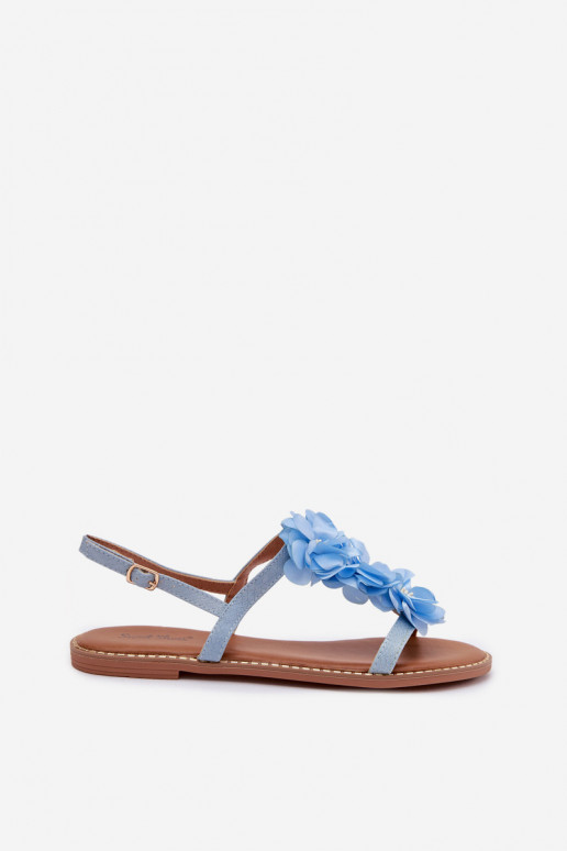 Sandalias planas para mujer. Con decoracionesi con motivos floraleskami color azul Noemia