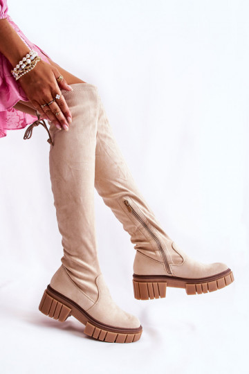 Botas largas de mujer de ante sobre la rodilla color marfil Cheera 2