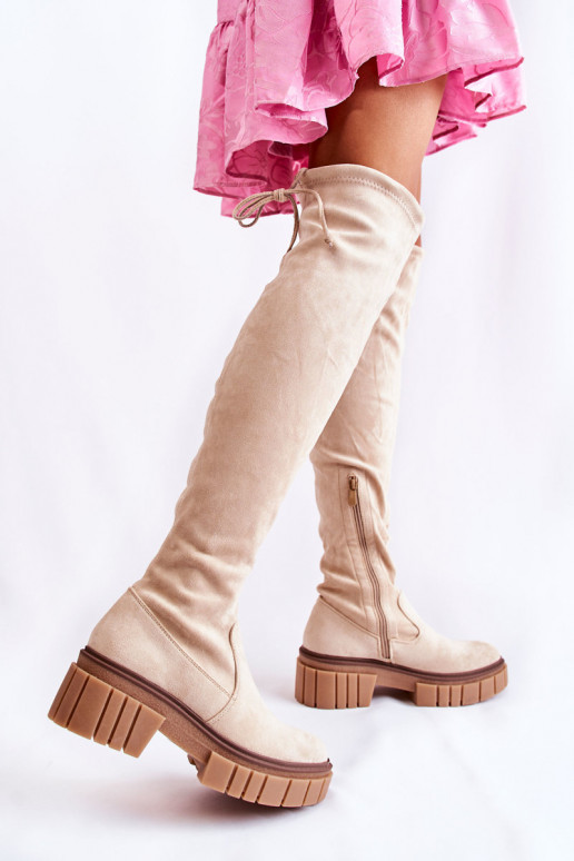 de gamuza Femenino botas por encima de la rodilla color marfil Cheera