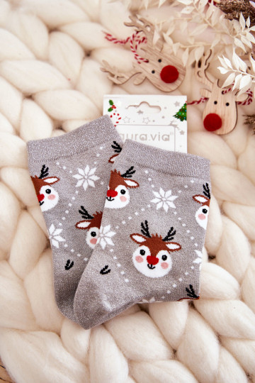 Calcetines navideños de mujer con brillo renos color gris