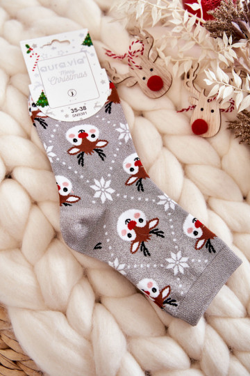 Calcetines navideños de mujer con brillo renos color gris 2