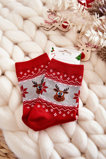 Calcetines navideños de mujer con brillo renos color rojo-gris