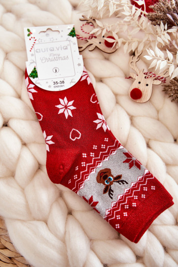 Calcetines navideños de mujer con brillo renos color rojo-gris 2