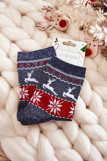 Calcetines navideños de mujer con brillo renos color azul oscuro