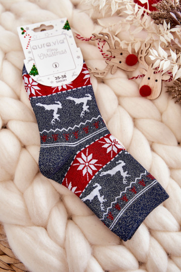 Calcetines navideños de mujer con brillo renos color azul oscuro 2