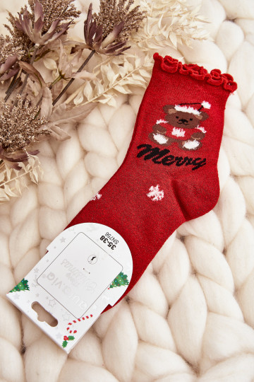 Calcetines navideños de mujer con brillo y osito color rojo
