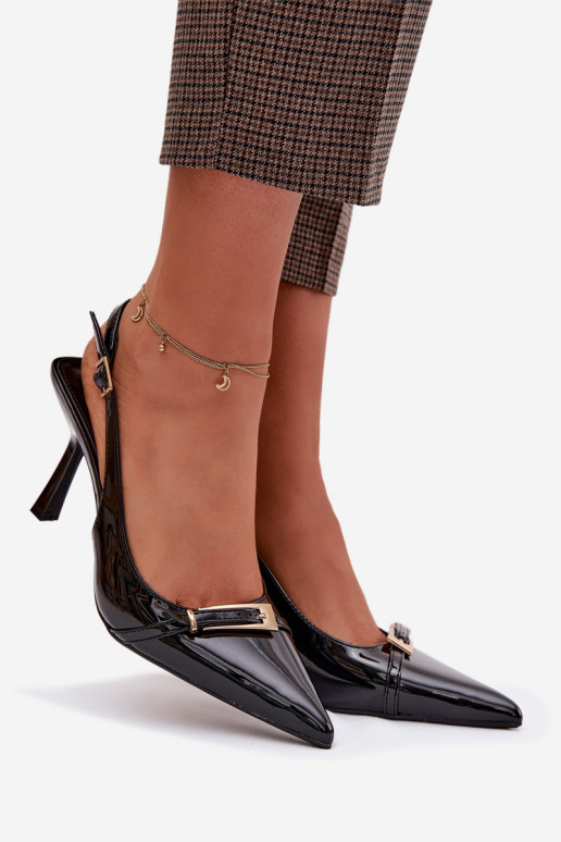 Sandalias lacadas para mujer. con tacones finos con hebillas doradas de color negro Bellivra