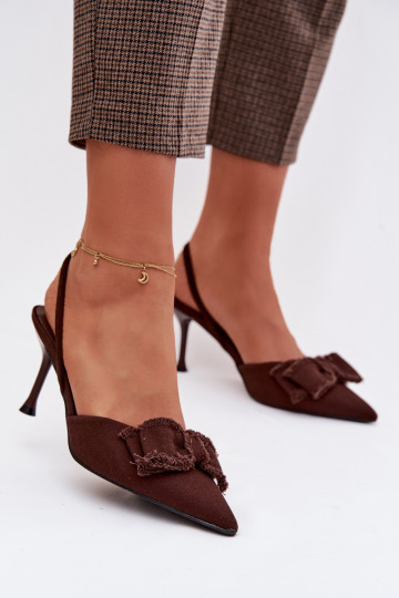 Sandalias para mujer con tacones finos y lazos, color chocolate, Hestia 2