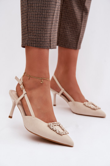 Sandalias para mujer con tacones finos y adornos, color marfil, Ismeria 2