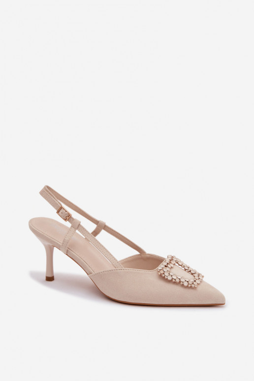 Sandalias de mujer con tacones finos con adornos color marfil Ismeria