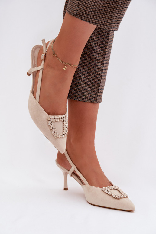 Sandalias de mujer con tacones finos con adornos color marfil Ismeria