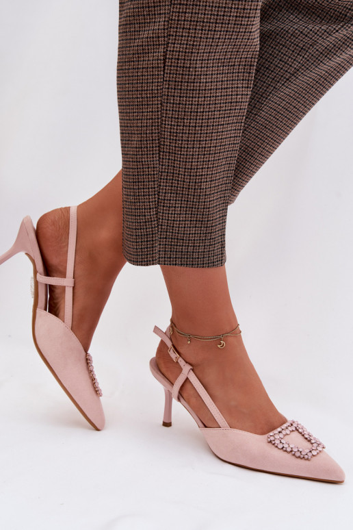 Sandalias de mujer con tacones finos con adornos color rosa Ismeria