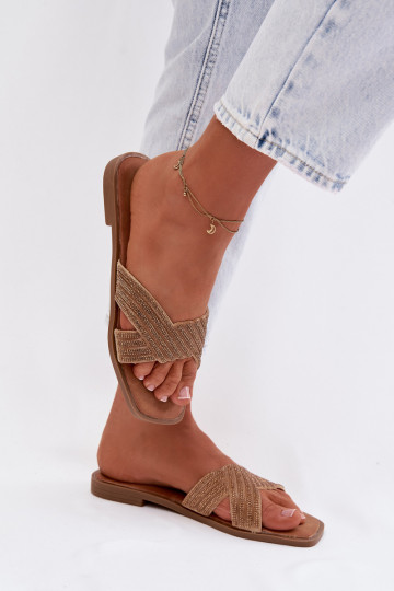 Pantuflas para mujer con tacones anchos y brillantes, doradas, Zinnia