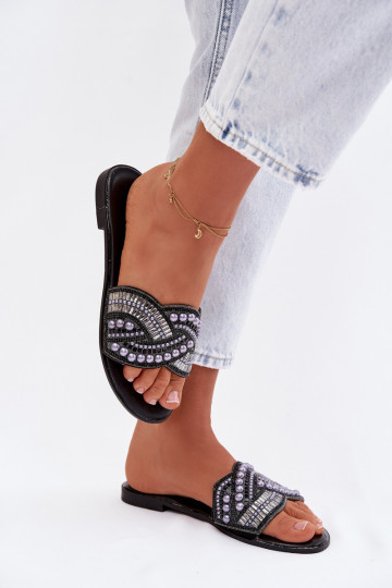 Pantuflas decoradas con tacones anchos, negras, Dovina