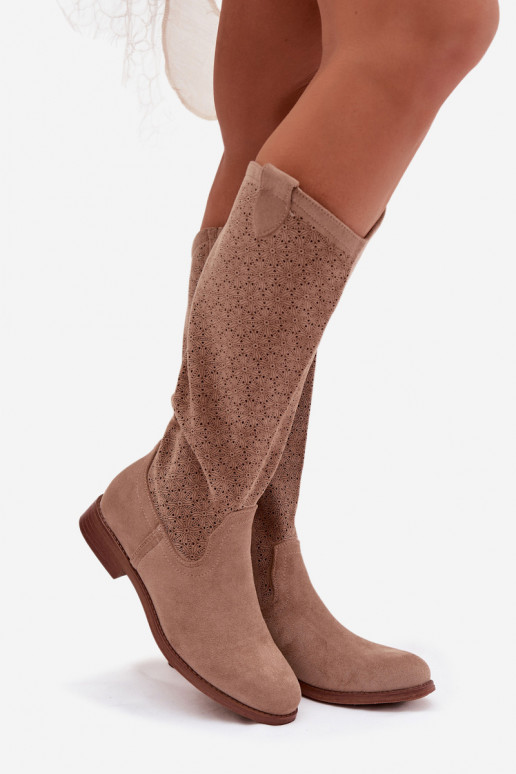 botas de mujer con elementos calados con tacones anchos S.Barski HY61-8022 beige
