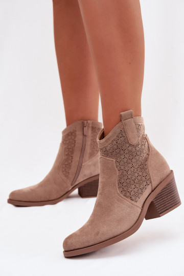 Botines de mujer con calados y tacones S.Barski HY61-8013, color arena
