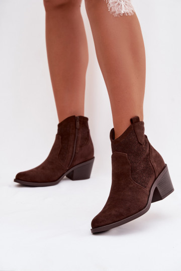 Botines de mujer con calados y tacones S.Barski HY61-8013, color chocolate