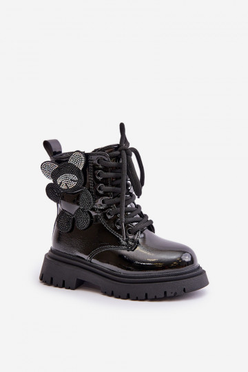 calentamiento Botas Infantil con oso Al castillo con efecto barniz de color negro Relobia