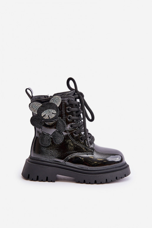 calentamiento Botas Infantil con oso Al castillo con efecto barniz de color negro Relobia