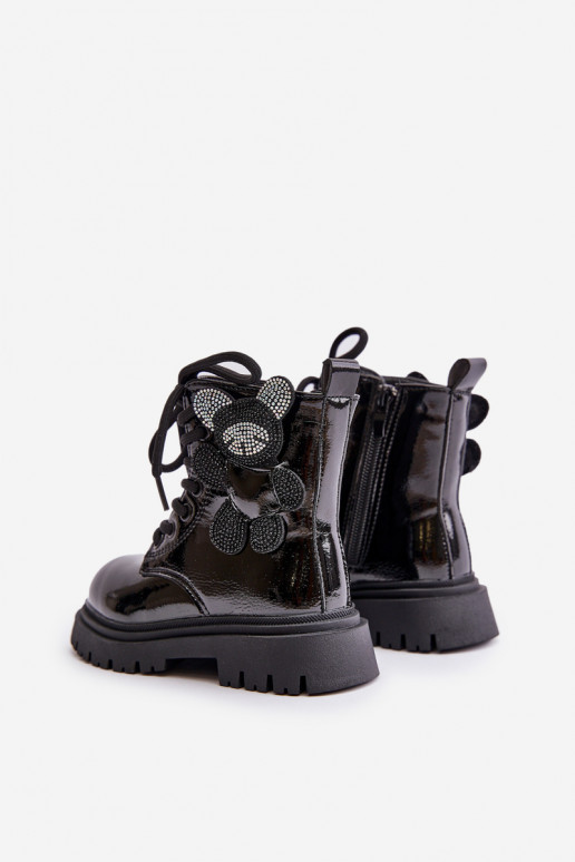 calentamiento Botas Infantil con oso Al castillo con efecto barniz de color negro Relobia
