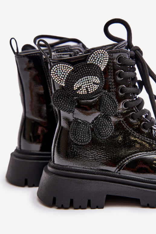 calentamiento Botas Infantil con oso Al castillo con efecto barniz de color negro Relobia