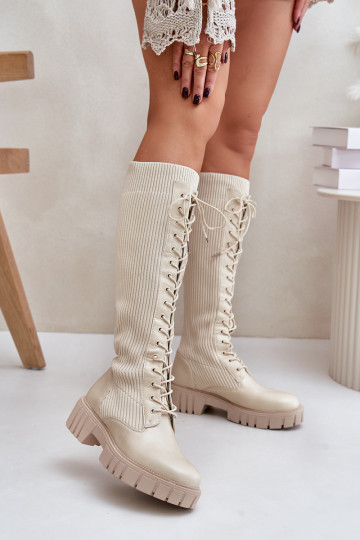 botas de mujer con plantilla tipo calcetín con cordones con tacones anchos beige Vamisha 2