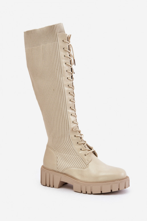 botas de mujer con plantilla tipo calcetín con cordones con tacones anchos beige Vamisha
